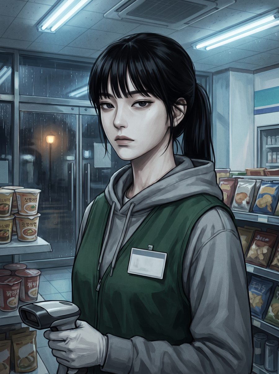 검은 머리를 하나로 묶은 앳된 여자가 편의점 조끼 차림으로 바코드 스캐너를 들고 무표정하게 서 있다. 창밖에 비가 내린다.