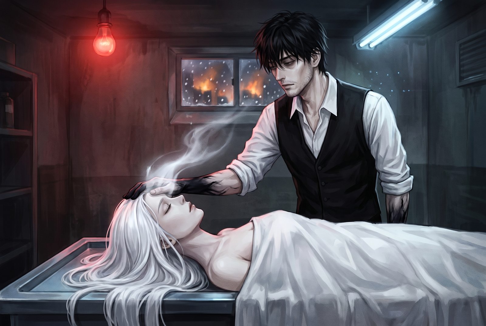 흰 머리의 여자가 수습대에 누워 있고, 팔꿈치까지 검게 물든 남자가 그녀의 이마에 손을 얹고 있다. 창밖으로 눈과 불타는 도시가 보인다.